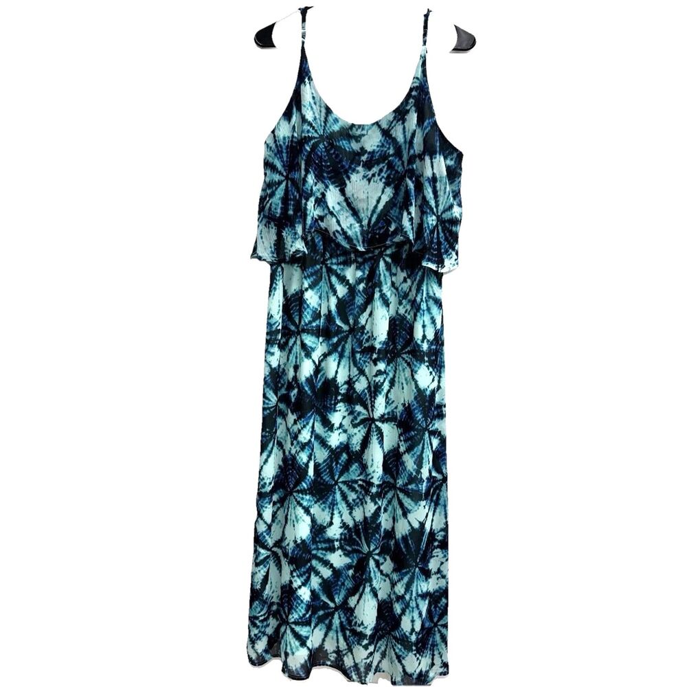 Faded Glory XL Flounce Top Maxi Dress Blue Black Tropical 16-18 Tie Dye Boho